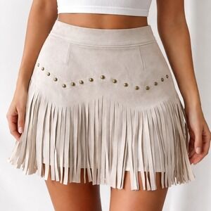 NWT Shein Fringe Mini Skirt Sz 6 Beige Western Studded Faux Suede Boho Festival